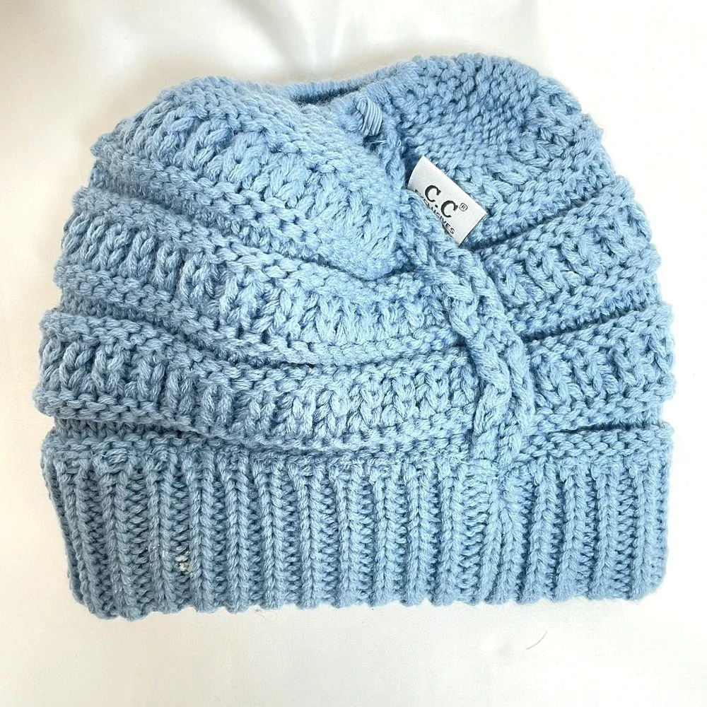 C.C. Kids BeanieTail Soft Stretch CC Cable Knit Beanie High Bun Ponytail Hat Cap